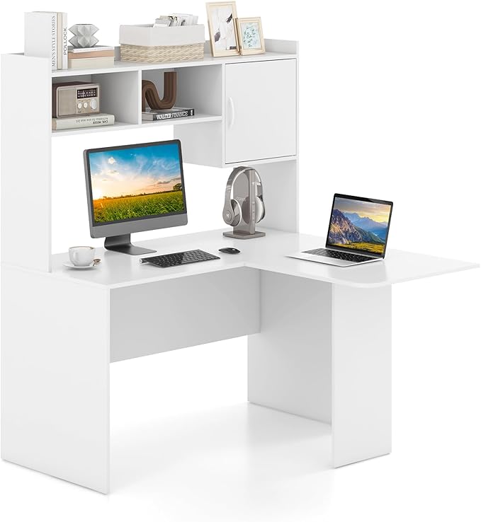 Tangkula L-Shaped Desk with Storage Hutch, Corner Computer Desk with Shelves & Cabinet, Modern Writing Study Table for Home Office, Laptop PC Workstation, White