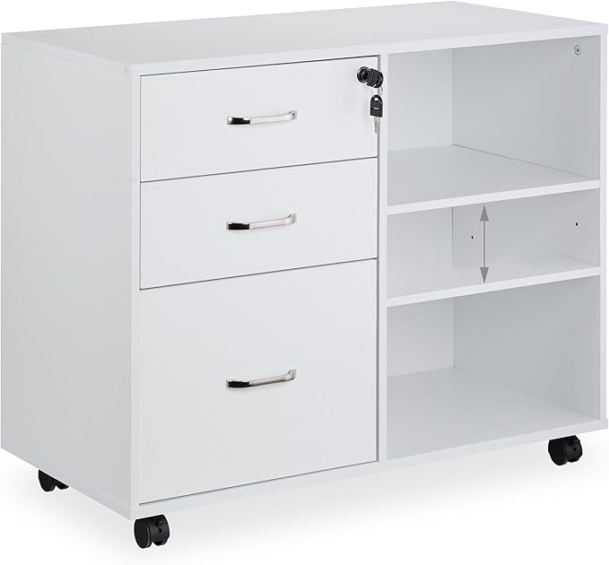 Relaxdays Rolling Container, 3 Drawers, 2 Compartments, Hanging Files, H x W x D: 66 x 80 x 40 cm, Lockable Filing Cabinet, White