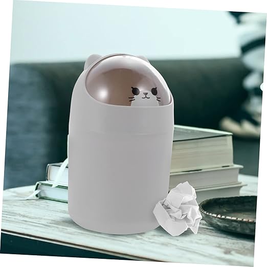 Vaguelly Cute Bear Desktop Trash Can Lid Mini Plastic Waste Bin for Office and Home Slim Cartoon Garbage Can for Bedroom and Desk