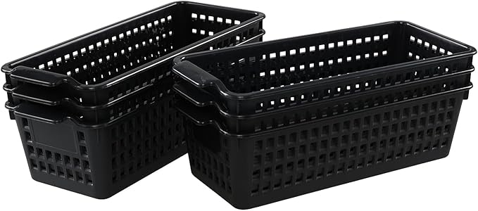 6-Pack Slim Plastic Storage Trays Baskets, Black Small Storage Basket Tray