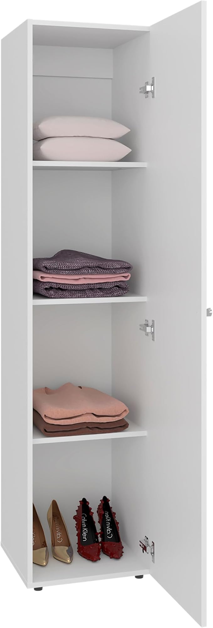 White Storage Cabinet with Mirror Full-length mirror on the door adds convenience for quick outfit checks and full-body views positioned directly beside hanging garments and shelves Quick-access sto