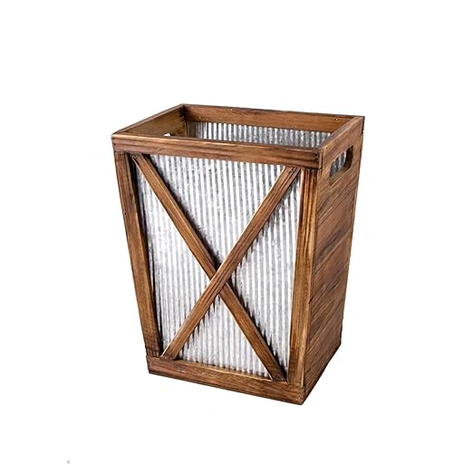 Venalys Small Wood Trash Can Wastebasket, Decorative Barn Door Garbage Can Waste Basket, Rustic Distressed Rectangular Trash Bin, Farmhouse Wooden Storage Basket Waste Paper Bin (Brown)