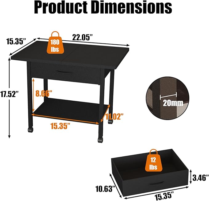 22" x 15" Under Desk Rolling Printer Stand, 2-Tier Industrial Mobile Printer Table with Strong Fabric Drawer, Storage Shelf, Steel Frame and Lockable Wheels, Printer Cart for Home Office (Black)