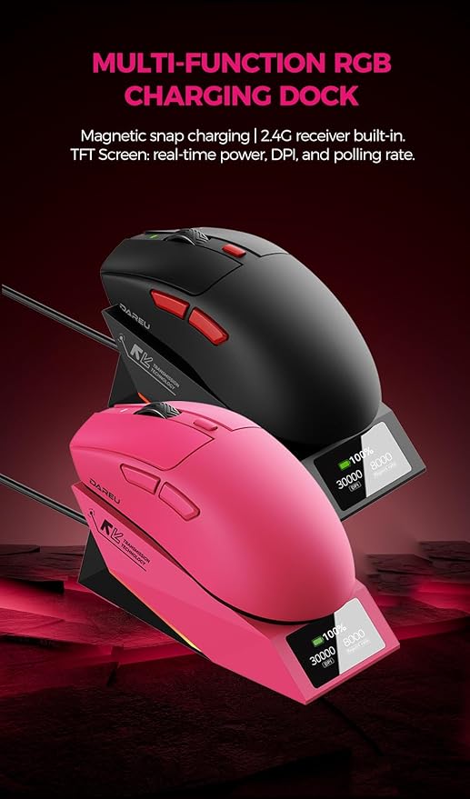 DAREU AE6 Pro Wireless Gaming Mouse, Custom PAW3950 30K Sensor, Wireless/Wired Dual 8K Polling, Display Charging Dock, Excimer Coating, 59g Lightweight, Symmetrical, Programmable,166H Battery