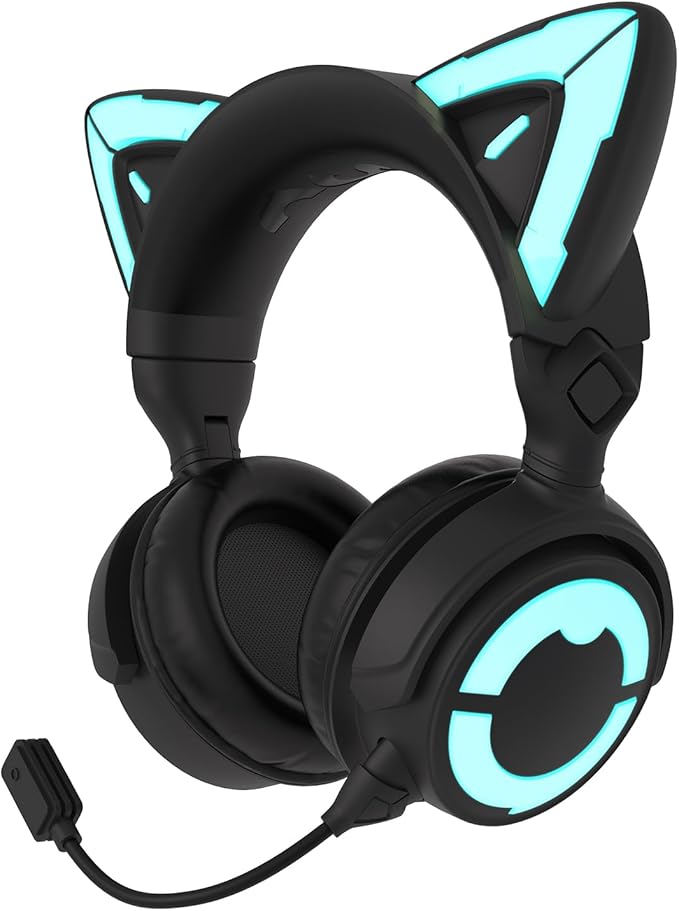 YOWU Cat Ear Headphones 4GS - RGB Gaming Headset with Mic & 2.4G USB/Type C Dongle for PC/PS4/PS5/XBOX/Switch, Wired/Wireless Bluetooth Headphones(Black)