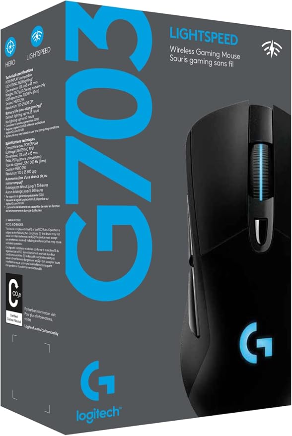 Logitech G703 Lightspeed Wireless Gaming Mouse | Hero Sensor, 25k DPI, 6 Programmable Buttons, RGB Lighting, Rubber Grip, Adjustable Weight, PC/Mac | with Signature Series Charging Dock