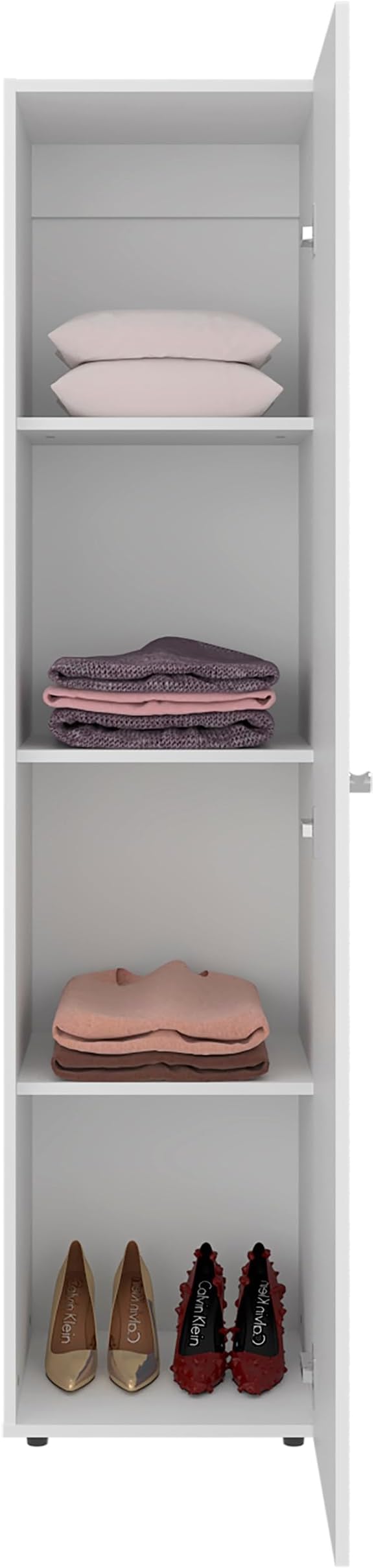 White Storage Cabinet with Mirror Full-length mirror on the door adds convenience for quick outfit checks and full-body views positioned directly beside hanging garments and shelves Quick-access sto