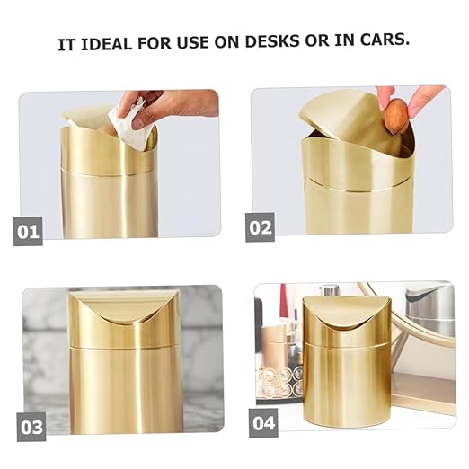 Luxshiny Trash Can Gold Bathroom Accessory Mini Lid Slim Desktop Countertop Waste Bin for Office Car