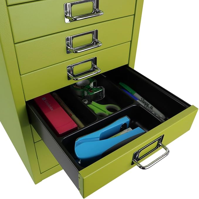 10-Drawer Steel MultiDrawer Cabinet - Bisley Green, Chrome Pull Handles with Label Holders, Powder-Coated Steel, Removable Drawers, Fits Under Most Desks, Labels Included by Bisley