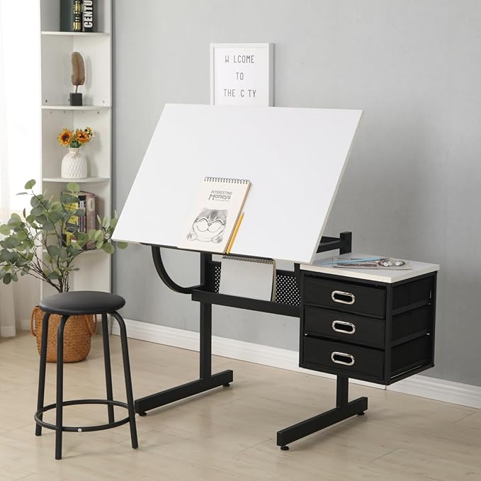 Wood Drafting Table and Stool Set, Drawing Table Artist Desk with 3 Storage Drawers for Home Office and School (White+Black)