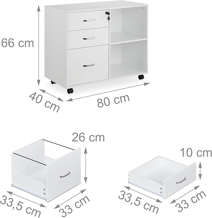 Relaxdays Rolling Container, 3 Drawers, 2 Compartments, Hanging Files, H x W x D: 66 x 80 x 40 cm, Lockable Filing Cabinet, White