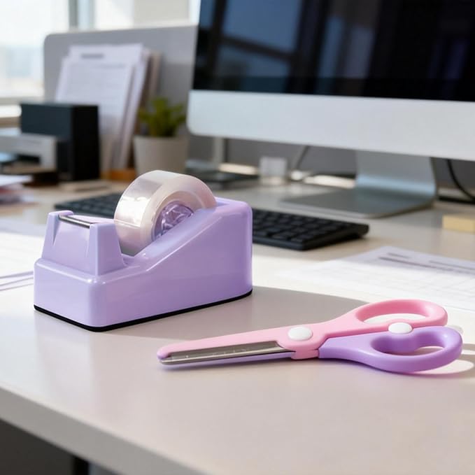 XEUZK Desktop Tape Dispenser Kits with Weighted Nonskid Base Tape Dispenser- Includes 9 Rolls of Transparent Tape(0.71 Inch x 500 inches Each) & Pink Scissors, 2 Pcs Tweezers (Purple)