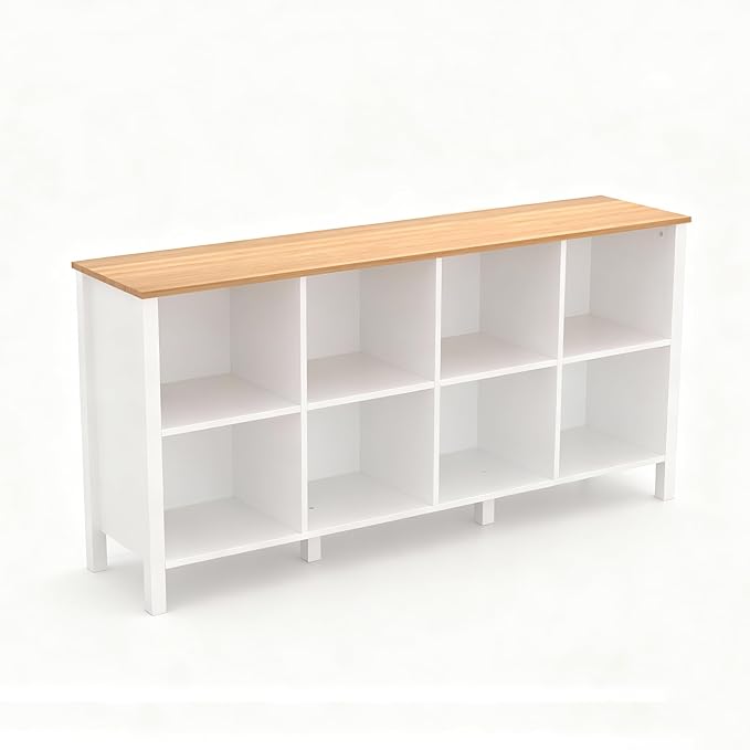 8-Cube Bookcase, Farmhouse Wooden Bookshelf Low Storage Organizer, 59" Horizontal White Console with Legs, Hallway Book Case for Entryway, Display Cabinet for Living Room (White, 8-Cube)