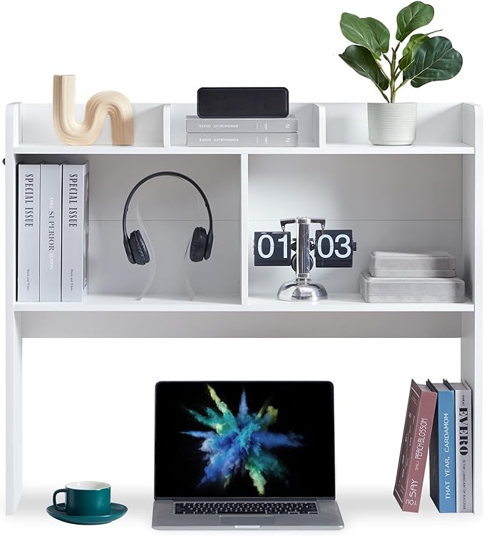 Nromant Desktop Bookshelf, Wooden Desk Storage Hutch with 5 Shelves, 3-Tier Desktop Display Organizer Rack for Office Home (White, 5 Shelves B)
