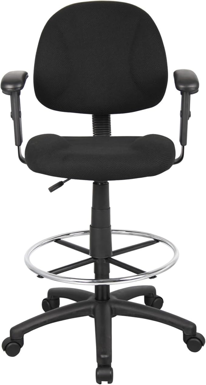 Benzara Jea Drafting Stool Chair, Adjustable Arms, Black Tweed, Round Footring