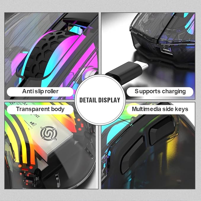 Docooler Wireless Gaming Mice with Transparent Crystal Shell, Tri-Modes(USB Wired+2.4G Wireless+Bluetooth), 3600DPI Adjustable E-Sports Mice, RGB Slient Mouse with Ergonomics Design - White/Black