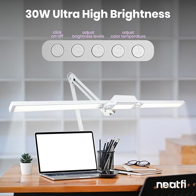 Neatfi LED Desk Lamp | 3,000 Lumens | Dimmable 30W Desk Light | 360 SMD LEDs | CRI 95 | Adjustable Color Temperature | Task Lamp for Home, Office, or Workbench (White, 41-Inch, CCT with Clamp)
