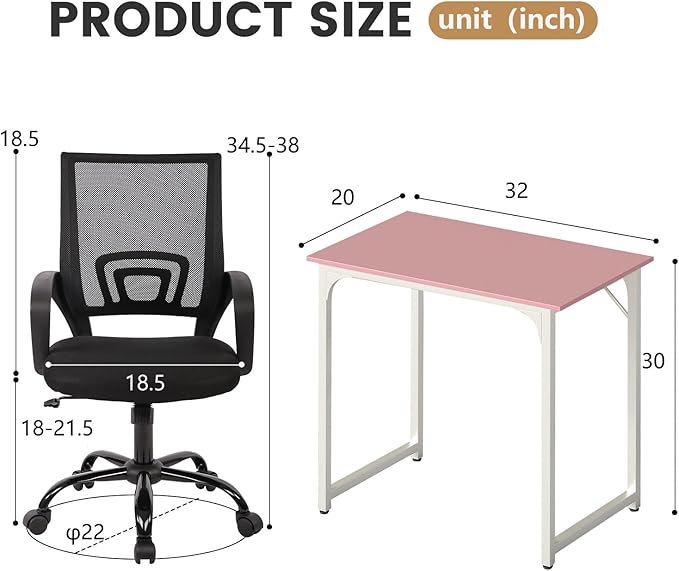 PayLessHere 32 Inch Home Office Desk and Chair Set,32 Inch Computer Desk with Ergonomic Height Adjustable Office Chair for Home Office,Pink&Black