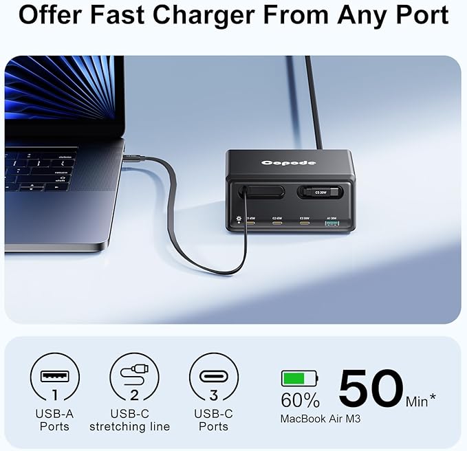 6-in-1 Retractable Charger for Multiple Devices,150W GaN USB C Charging Station with Dual Retractable Cables Compatible with iPhone 17/16,iPad,MacBook and More-Desktop Charger for Home,Office(Black)