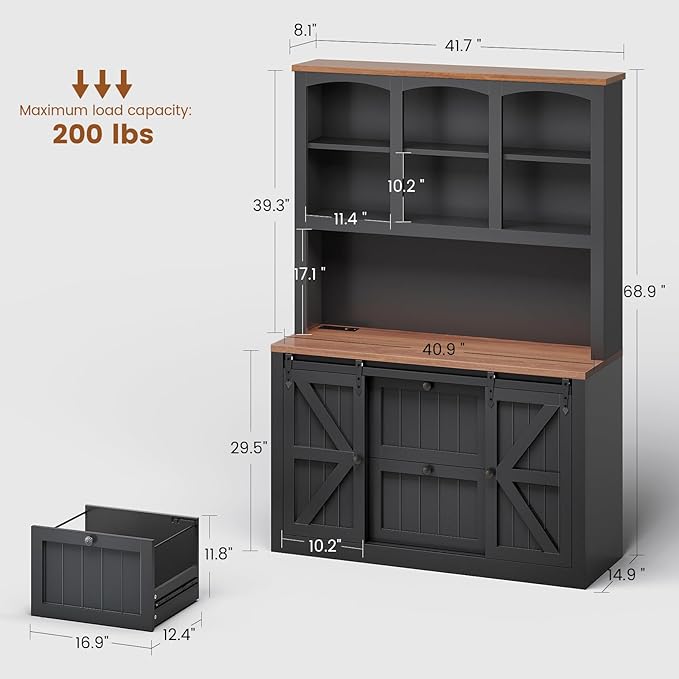 SEDETA 2 Drawer File Cabinet with Power Strip, 41” Farmhouse Filing Cabinet fits Legal, Letter, A4 Size Files for Home Office, Printer Stand with Storage Shelf, Bar Door and LED Lights (Black)
