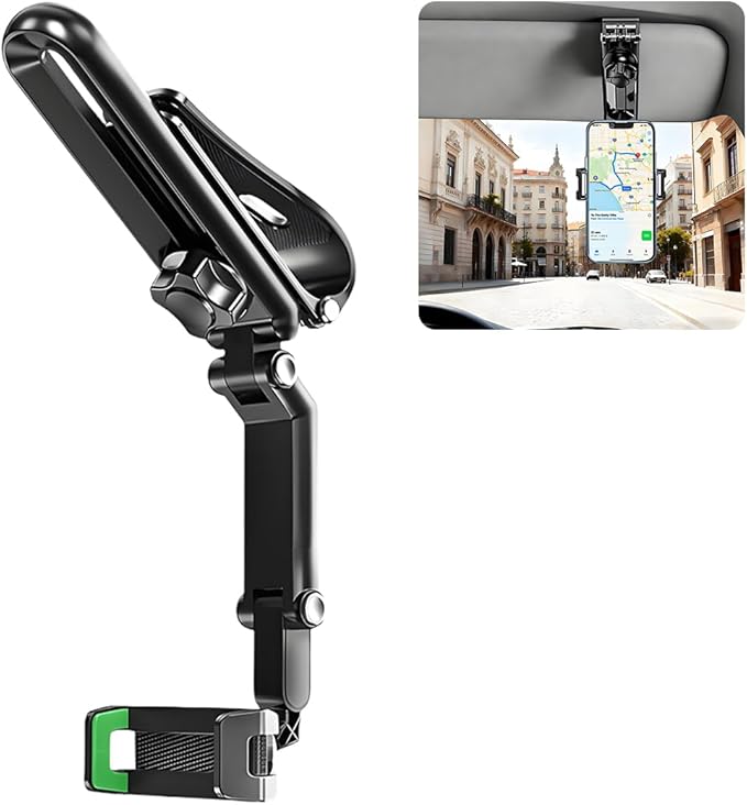 Car Sun Visor Phone Holder, 1080° Rotatable Retractable Vehicle Rearview Cell Phone Holder, Automotive Interior Sun Visor Smartphone Mount, Universal for SUV Caravan Truck (Green)