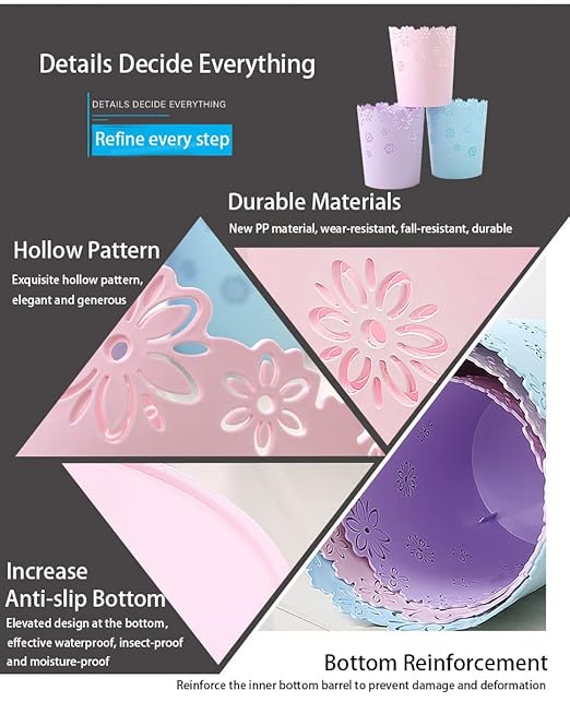 Wastebasket, Hollow Flower Shape Plastic Lidless Wastepaper Baskets Trash Can (Pink, Mini)