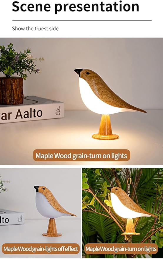 Remote controlled bird desk lamp with wood grain color, rechargeable small desk lamp with 3 color temperatures, remote control and touch sensor, capable of playing bird calls, built-in battery drive