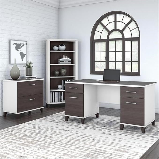 Pemberly Row 60W Engineered Wood Office Desk Set, Gray Finish, Includes Desk, Lateral File Cabinet, 5 Shelf Bookcase, Cable Management, Adjustable Shelves, Home Office Furniture for Organization