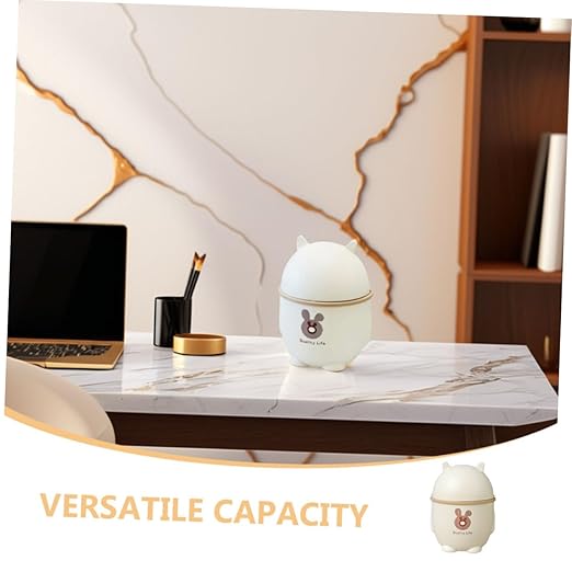 Uonlytech Cute Mini Desktop Trash Can with Lid Slim Plastic Waste Bin for Office Kitchen and Bathroom Cartoon Design White Color 5L Capacity