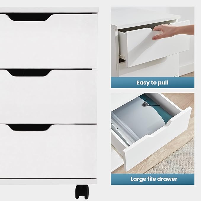Farini Wood File Cabinet for Home Office,Under Desk 3 Drawer Mobile File Cabinet(White,Non-Assembled)