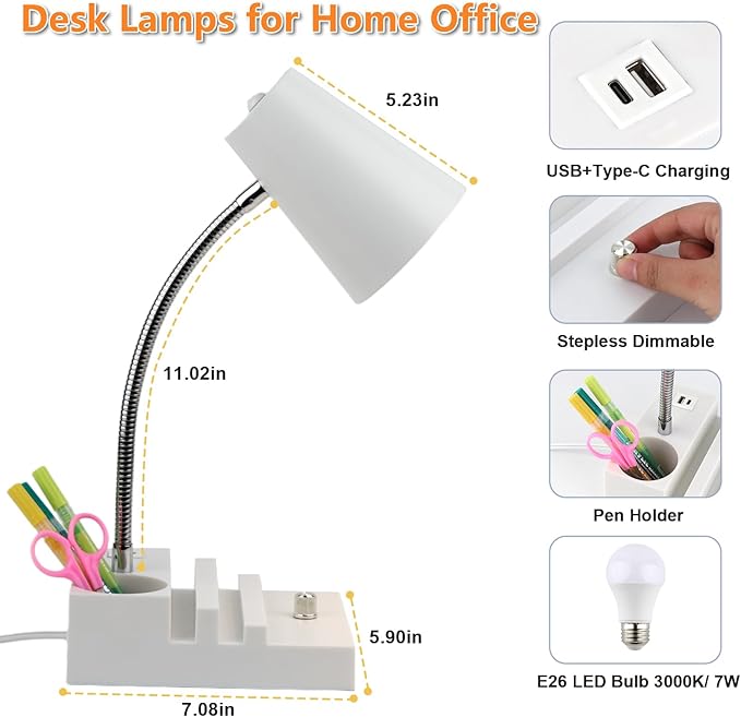 LALISU Study Desk Lamp with USB Charging and Type-C Night Light, Gooseneck LED Table Lamp Stepless Dimming Study Table Lamp with Pen Holder for College Dorm Bedroom and Office (White)