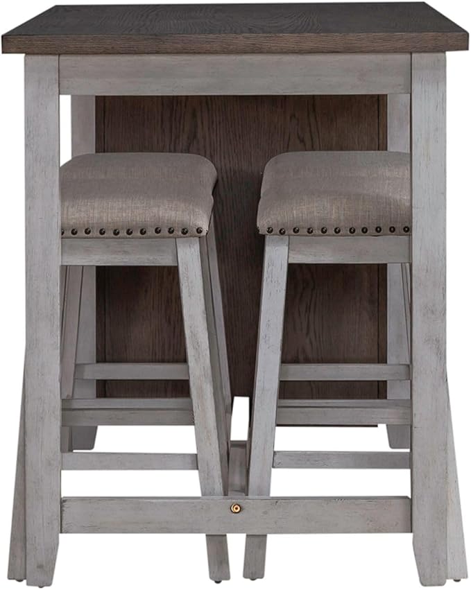 Liberty Furniture Brook Creek 5 Piece Counter Height Bookcase Table - Kitchen Dining Set Transitional 4 Upholstered Saddle Stools - White & Wood Tone Tops