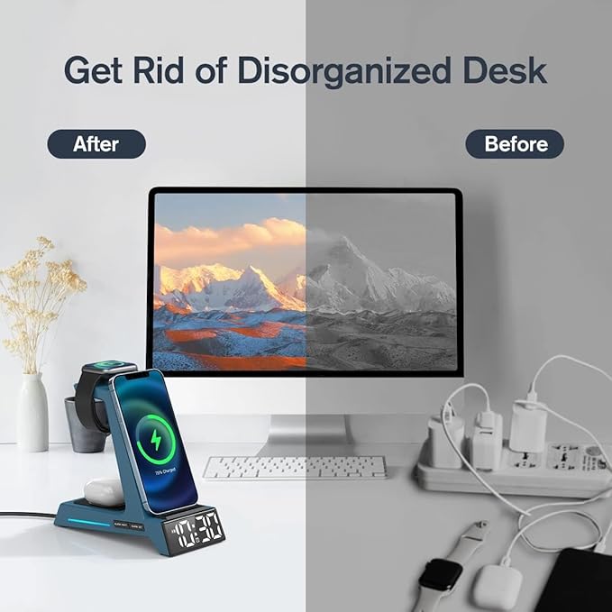 ANJANK Wireless Charging Station for Multiple Devices Apple, 3 in 1 Wireless Charger Stand with Alarm Clock, Charging Dock for iPhone 16/15/14/13/12/11/Pro/Max/XR/XS/8 Plus/iWatch/AirPod