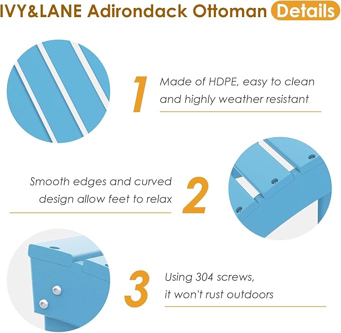 IVY&LANE Outdoor Adirondack Ottoman | Folding | HDPE | Arctic | All Weather | Waterproof Patio Footrest for Adirondack Chair | Poly Lumber Foot Rest for Deck Backyard