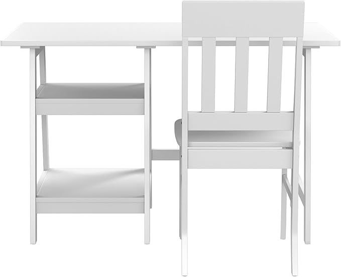 24/7 Shop at Home Myrrh Cottage 2-Piece Wood Storage Writing Desk with 2 Shelves and Chair Set for Workstation, Home Office, Study Room, White
