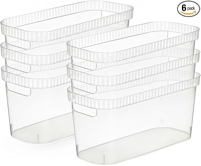 Tribello Modern Narrow Organizer Storage Bin, Slim Clear Plastic Household Storage Container for Kitchen Pantry storage, Under Sink Bin, Bathroom/Laundry Room - 6 Pack (Narrow - 15” X 6” X 6”)
