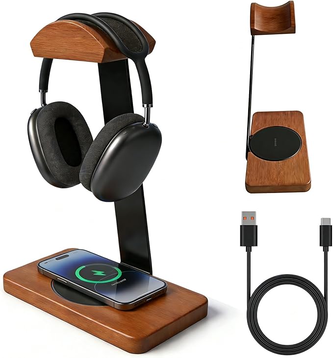 Solid Wooden Headphone Holder, Universal Headset Stand with Wireless Charger for Desk, Wireless Charger Headphone Holder for Gaming Desk Compatible with iPhone Samsung (Black)