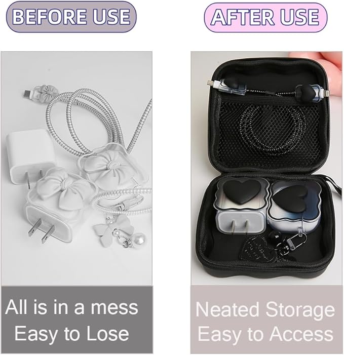 Charger Cover Storage Bag, Lovely 3D Love Heart Waves Design Charger Protector Travel Storage Case, Earphone Wire Saver Cable Cord Organizer Wireless Earphone Storage Box, Black Love