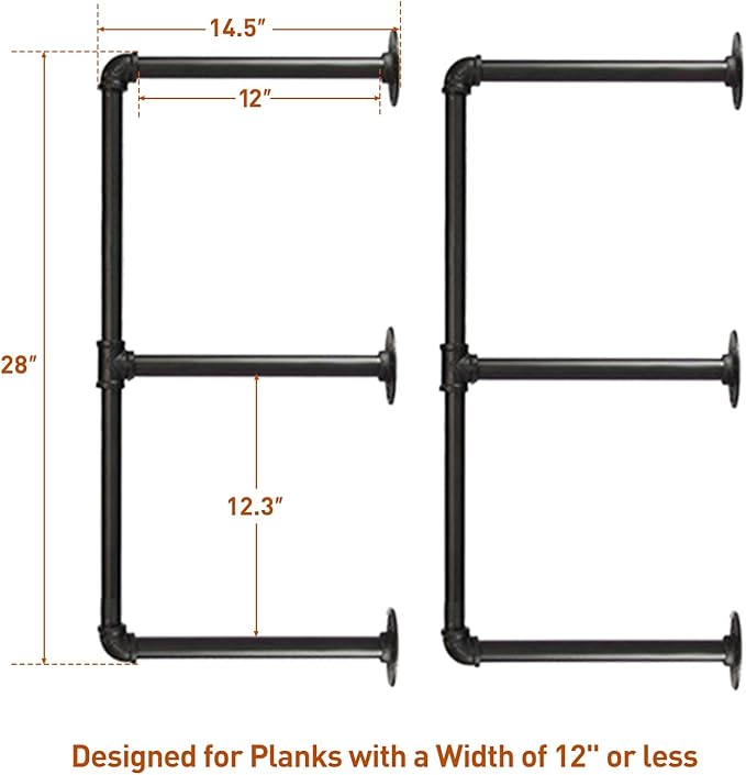 HITOMEN Industrial Iron Pipe Shelves, 2 Set 3-Tier, 28" Tall, 12" Depth, DIY Open Bookshelf Bookcase, Wall Mounted Vintage Retro Shelving, Rustic Farmhouse Pantry Kitchen Storage, Black Shelf Brackets