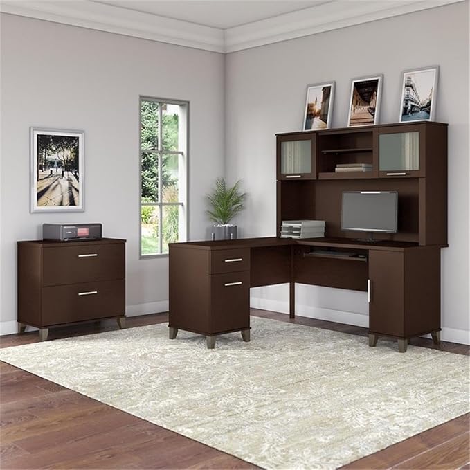 Pemberly Row 60W L Shaped Desk with Hutch and File Cabinet, Mocha Cherry Finish, Wire Management, Frosted Glass Doors, Full Extension Drawers, Transitional Office Furniture Set for Home or Workspace