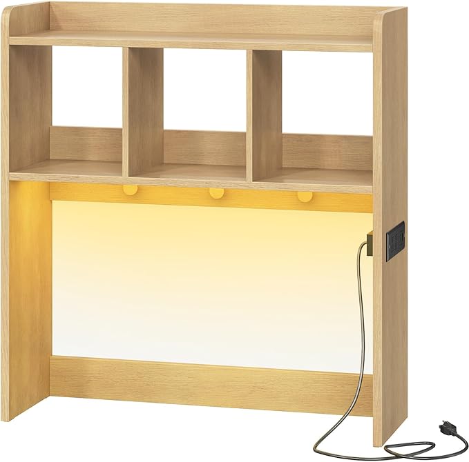 HOOBRO Desktop Bookshelf, Office Desktop Shelf, Desk Hutch with Outlets, Wooden Office Desktop Bookcase, Desktop Organizer Shelf with LED Light Strip and 3 Hooks, for Home, Study, Natural NL12UDSJ01