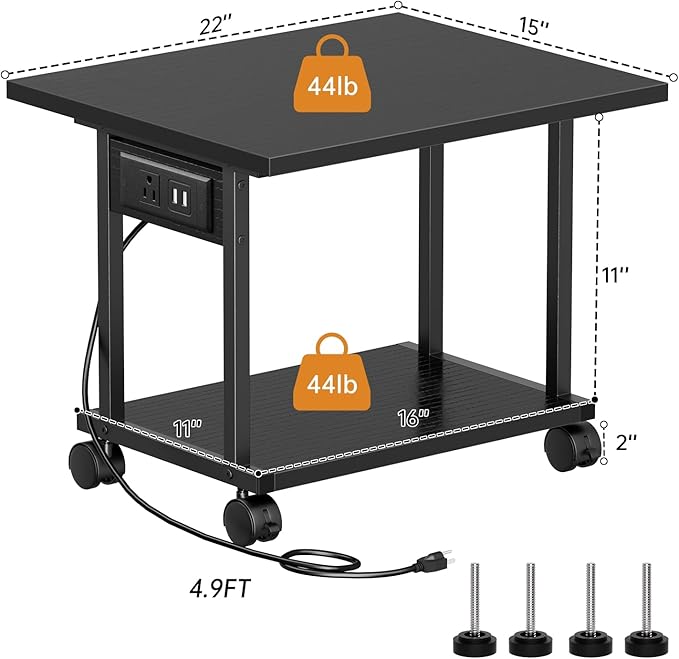 Asgolion Printer Table, 2-Tier Under Desk Printer Stand with Charging Station, Printer Stand with Wheels, PrinterShelf for Small Spaces, Printer Cart for Home Office Black