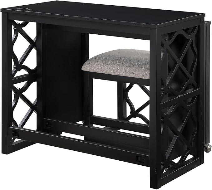 Desks and Stool Set 3pc White Finish Rolling Desk with Casters, 2 Charging Ports Home Office Furniture(Black)