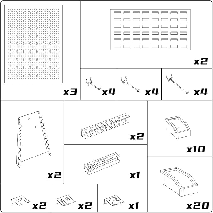 JZD Steel Pegboards Wall Organizer System with Accessories, Tool Rack Included 5 Metal Panels, 10 Tool Holders, 12 Hooks & 30 Storage Red Plastic Bins, for Garage Workshop Home, Black