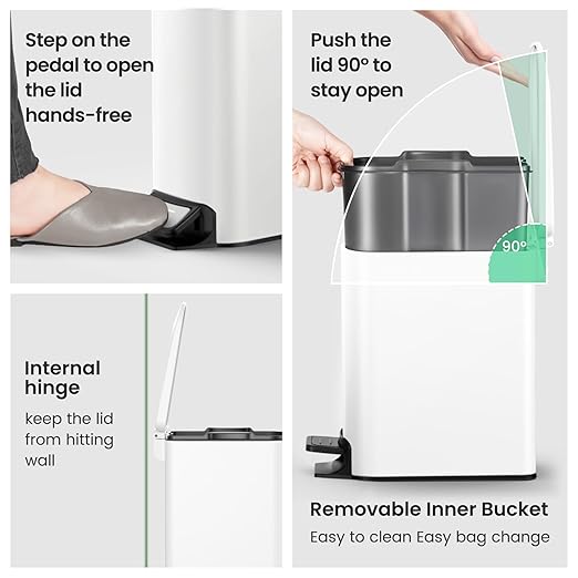 Cesun Slim Step-On Stainless Steel Desk Wastebasket – White (1.6 Gal)