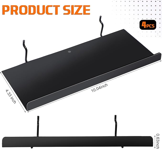 Beeveer 4 Pcs Pegboard Shelves Wall Organizer Brackets Pegboard Steel Tray Accessories Organizing Tools for Craft Garage Nursery Workbench Kitchen(10.04 x 4.33 Inch,Black)