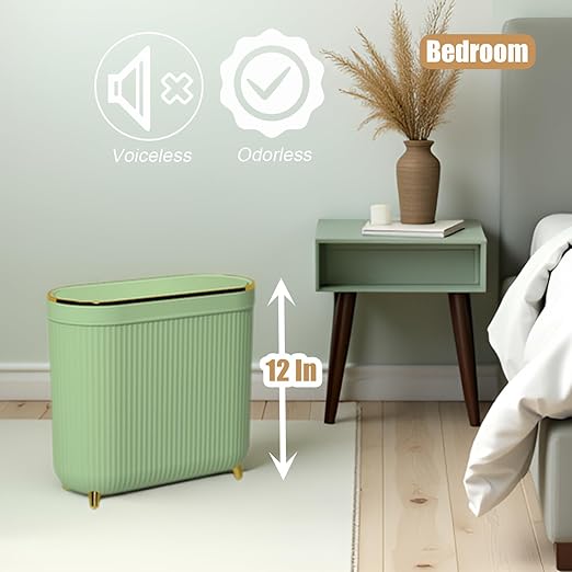 Yatmung Slim Bathroom Trash Can with Lid - Small Plastic Waste Paper Basket - Press-Top Trash Bin for Bedroom, Home Office, Narrow Space - 3.2 Gallon Decorative Garbage Can - Mint Green with Gold Legs