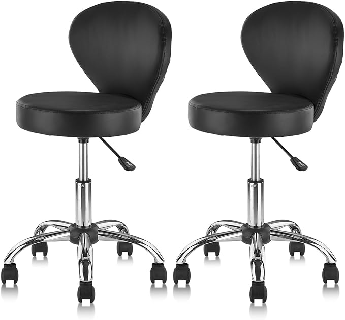 KLASIKA Pu Leather Round Rolling Swivel Salon Stool Chair, with Adjustable Height and Back Support for Office Massage Facial Spa Medical Drafting Tattoo Beauty Barber Black 2PK