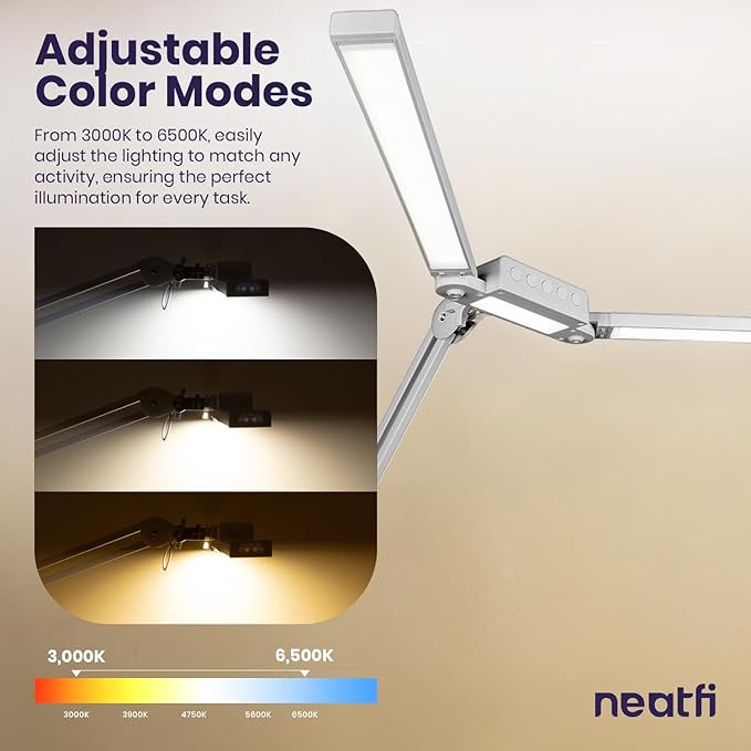 Neatfi LED Desk Lamp | 3,000 Lumens | Dimmable 30W Desk Light | 360 SMD LEDs | CRI 95 | Adjustable Color Temperature | Task Lamp for Home, Office, or Workbench (Silver, 41-Inch, CCT with Clamp)