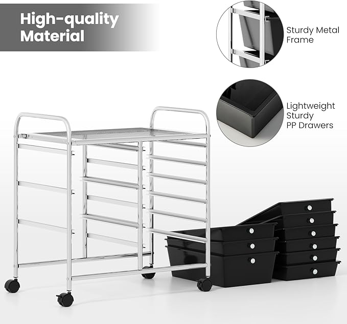 Moccha 9-Drawer Rolling Storage Cart - Under Desk Storage Drawers with wheels for Craft Art Supply Paper Salon, Scrapbook Paper Tools, Mobile Utility Cart for Classroom, Black